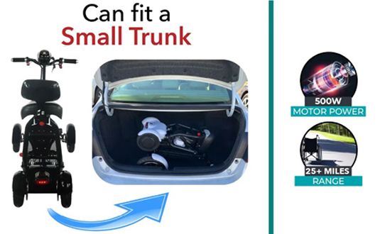 Compact design fits in sedan trunks
