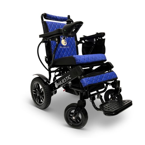 IQ8000LE-BLK-BLU ComfyGo Majestic 12AH Remote-Controlled Electric Wheelchair with 175 Seat - Black FrameBlue Faux Leather