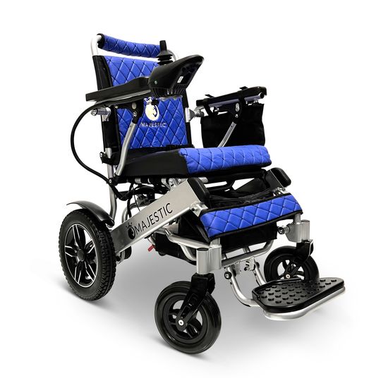 IQ8000LE-SLV-BLU ComfyGo Majestic 12AH Remote-Controlled Electric Wheelchair with 175 Seat - Silver FrameBlue Faux Leather